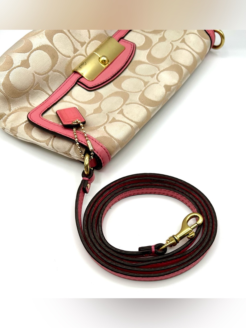 COACH Kristin Signature East/West Crossbody Bag- Khaki Canvas with Leather Trim. - Picture 9 of 16